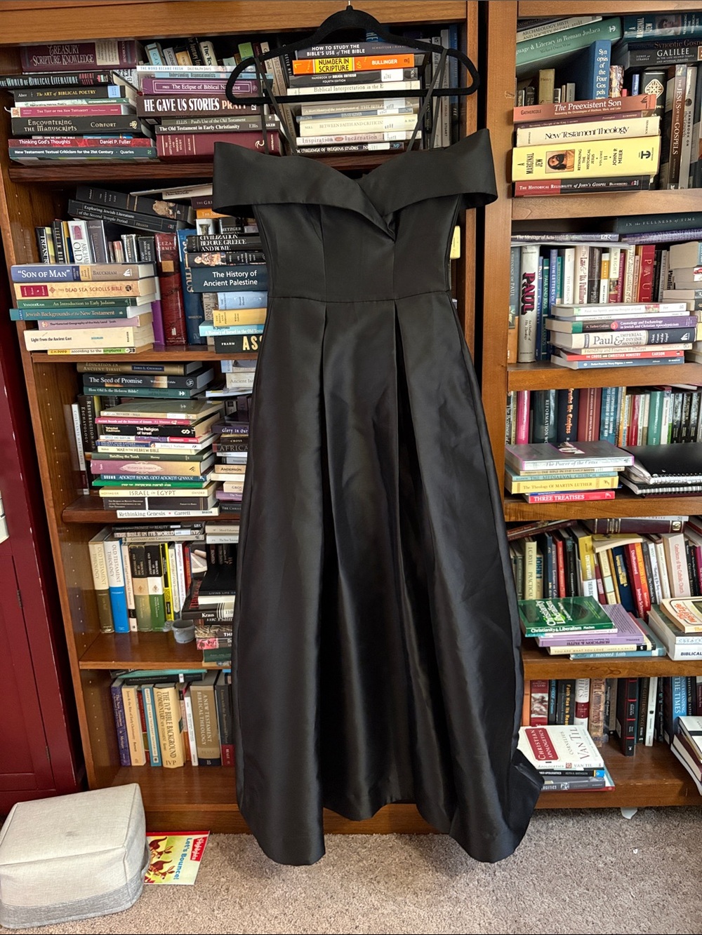 B Darlin Off-Shoulder Black Satin Maxi Dress